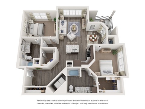 Floor plan for 2 beds, 2 baths, 1307 sqft